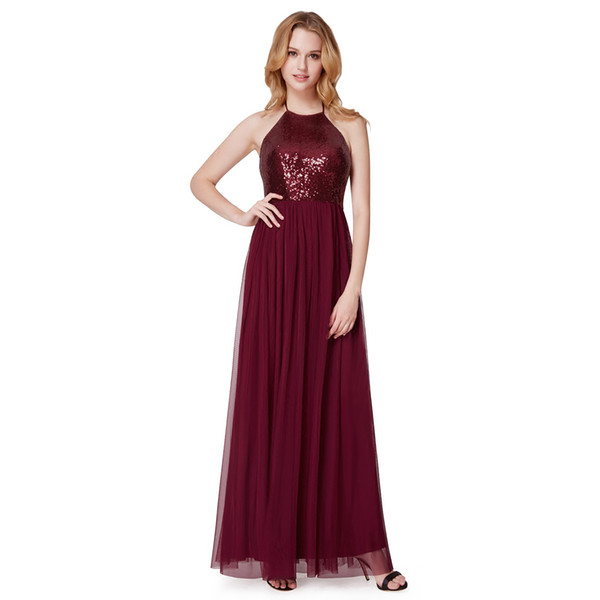 Burgundy Halter Neck Sequins Chiffon Evening Dresses Long Prom Gowns Backless Floor Length Party Dresses