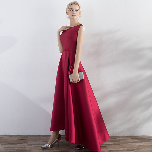 Burgundy Satin Evening Dresses Bateau Neck Long Prom Dresses New High Low Party Dress Lace Up