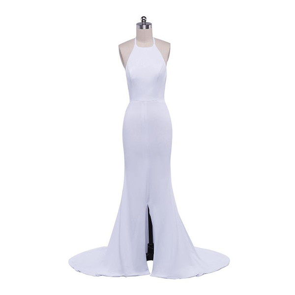 Sexy Long Evening Dresses with Halter Neck Sweep Train Backless Evening Gown New Split Prom Dress