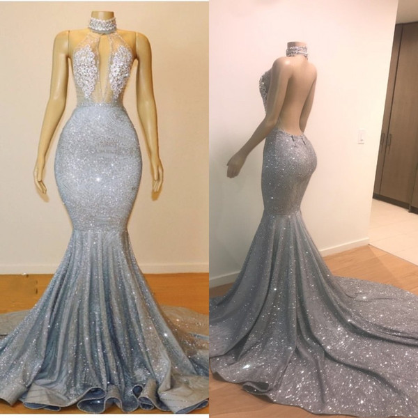 Luxury Silver Sequined Mermaid Prom Dresses Lace Applique Sexy Illusion Halter Evening Gowns Backless Party Dresses BC0679