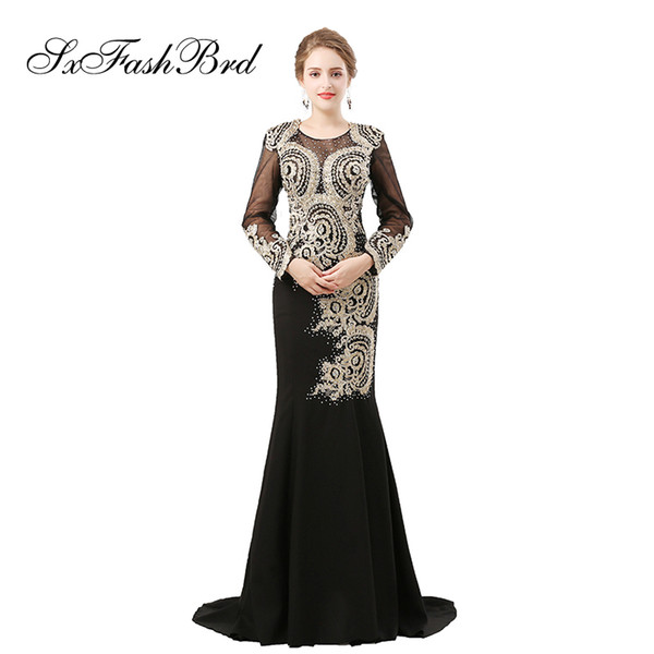 Elegant Girls Dress O Neck With Appliques Long Sleeves Mermaid Satin Long Party Formal Evening Dresses for Women Prom Dress Gowns