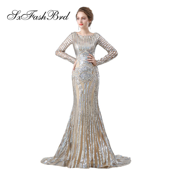 Fashion Elegant Girls Dress O Neck Long Sleeves Mermaid With Sequins Long Party Formal Evening Dresses for Women Prom Dress Gowns