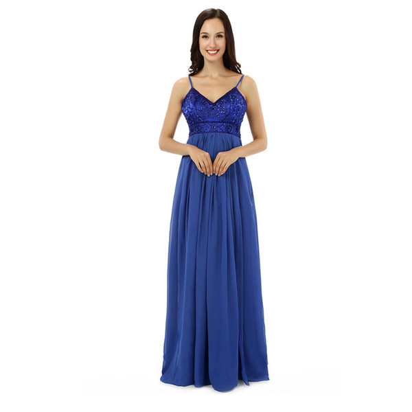 Special Fashion Elegant V Neck Spaghetti With Beading A Line Blue Chiffon Long Party Formal Evening Dresses Women Prom Dress Gowns