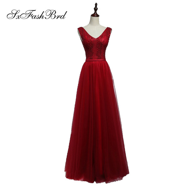 Girls Dress Elegant Sexy V Neck With Beading Open Back Red Tulle Long Party Formal Evening Dresses for Women Prom Dress Gowns