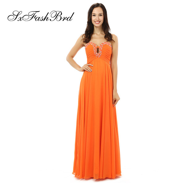 Ladies Long Dresses Elegant Sweetheart With Crystals A Line Orange Chiffon Long Party Formal Evening Dresses Women Prom Dress Gowns