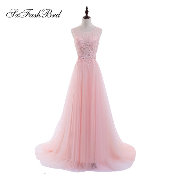 Girls Dress Elegant Sexy O Neck With Appliques Open Back A Line Tulle Pink Long Party Formal Evening Dresses Gowns for Women Prom