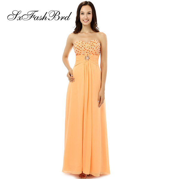 Long Maxi Elegant Sexy Crystals Sweetheart A Line Orange Chiffon Long Party Formal Evening Dresses Women Prom Dress