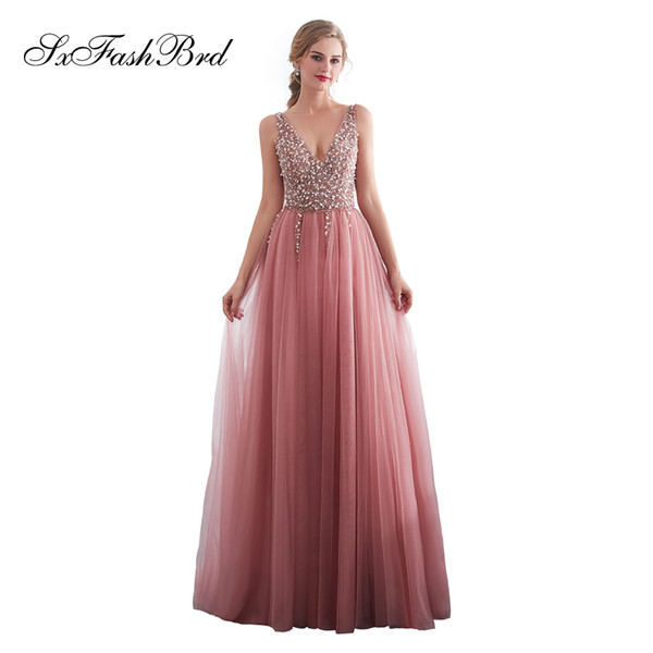 Fashion Elegant Dress V Neck With Beading Open Back A Line Tulle Long Party Formal Evening Dresses Women Prom Dress Gowns