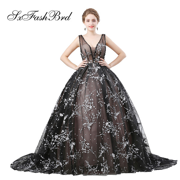 Fashion Elegant Girls Dress V Neck Ball Gown Tulle With Appliques Long Party Formal Evening Dresses for Women Prom Dress Gowns