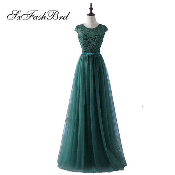 Elegant Sexy O Neck Lace Top A Line Tulle Long Party Formal Evening Dresses Women Prom Gown