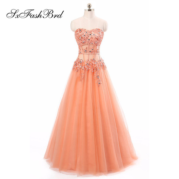 Girls Dress Elegant Sexy Sweetheart With Crystals A Line Tulle Long Party Formal Evening Dresses Gowns for Women Prom