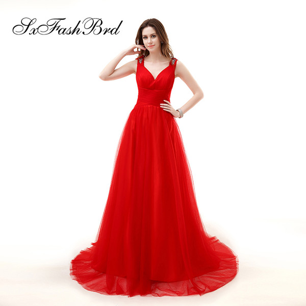 Dress Elegant V Neck A Line Long Red Tulle Party Formal Evening Dresses Gowns Women Prom Dress