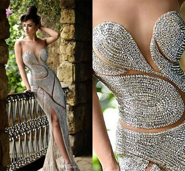 2018 Bling Rami Salamoun Split Evening Dresses Illusion Neck Sheer Major Beading Crystal Sheath Sheer Skirt Celebrity Party Prom Gowns 018