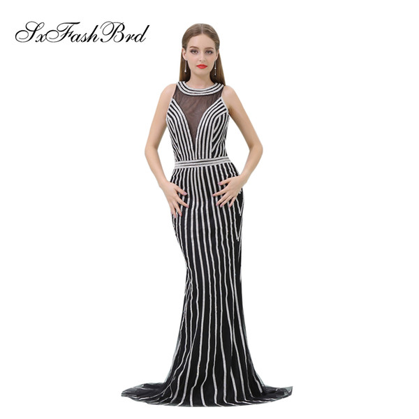 Elegant Girls Dress O Neck Open Back Mermaid Accented Bling Beading Black Tulle Long Party Formal Evening Dresses for Women Prom Dress Gowns