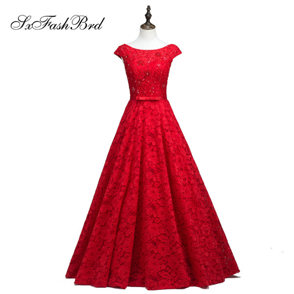 Girls Dress Elegant Sexy Boat Neck With Beading Short Sleeves Long Lace Party Formal Evening Dresses for Women Prom Dress Gowns