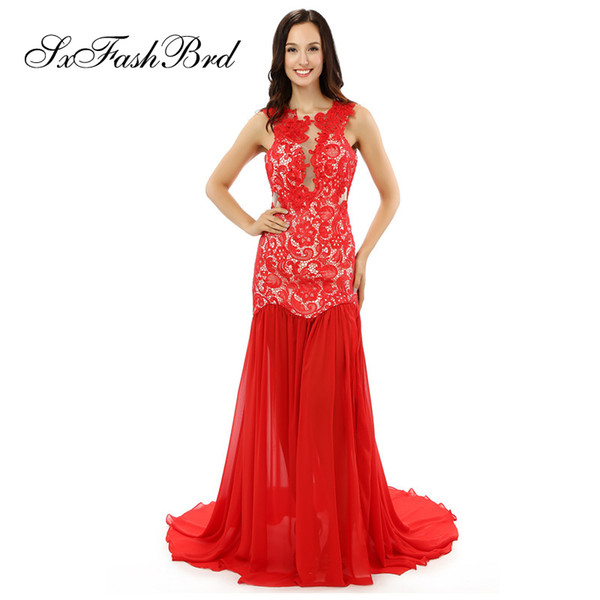 Fashion Elegant O Neck Lace Top Mermaid Side Split Red Chiffon Long Party Formal Evening Dresses for Women Prom Dress Gowns