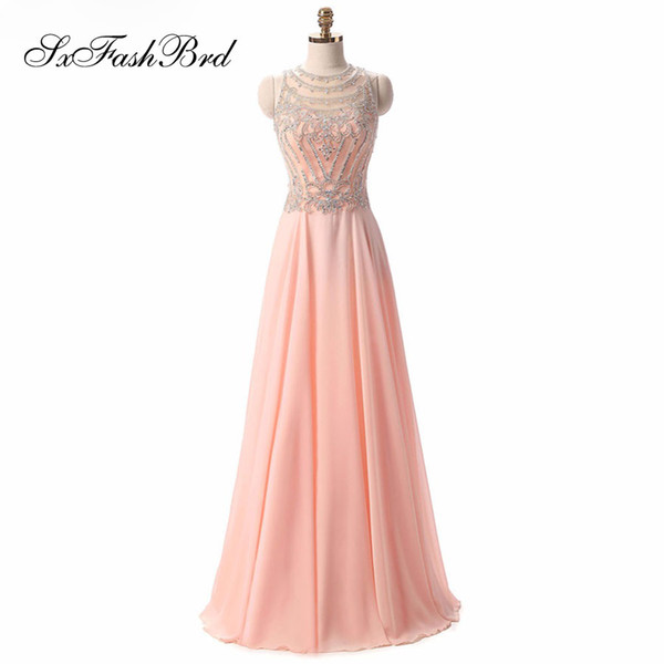 Girls Dress Elegant Sexy O Neck With Crystals A Line Chiffon Pink Long Party Formal Evening Dresses for Women Prom Dress Gowns