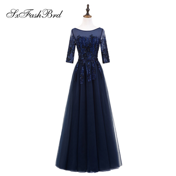 Elegant Girls Dress Boat Neck Half Sleeves Open Back A Line With Sequins Tulle Long Party Formal Evening Dresses for Women Prom Dress Gowns