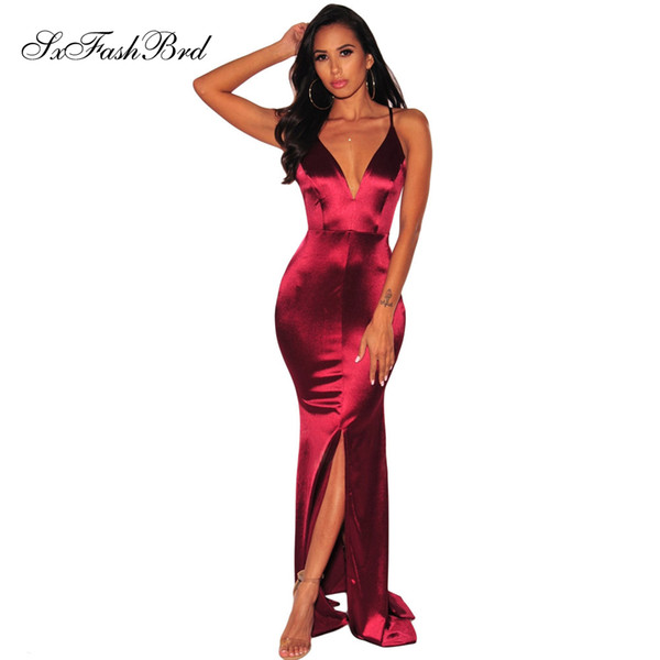 Elegant Sexy Deep V Neck Open Back Mermaid Split Satin Long Party Formal Evening Dresses Women Prom Dress Gowns