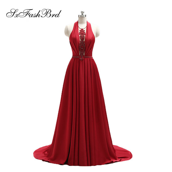 Girls Dress Elegant Sexy Halter Neck With Beading Open Back Red Long Party Formal Evening Dresses for Women Prom Dress Gowns