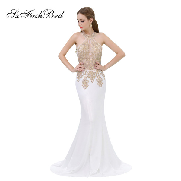 Fashion Elegant Girls Dress Halter With Appliques Mermaid Satin Long Party Formal Evening Dresses for Women Prom Dress Gowns