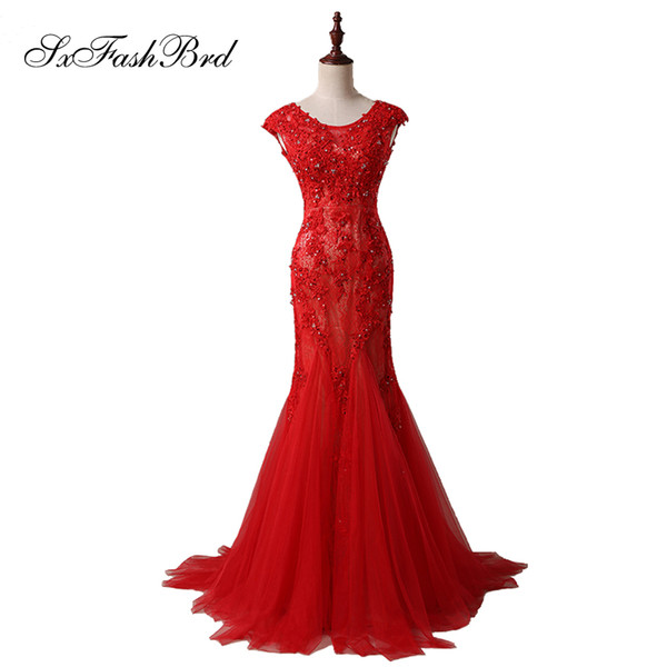 Girls Dress Elegant Sexy O Neck With Appliques Open Back Mermaid Tull Red Long Party Formal Evening Dresses for Women Prom Dress Gowns