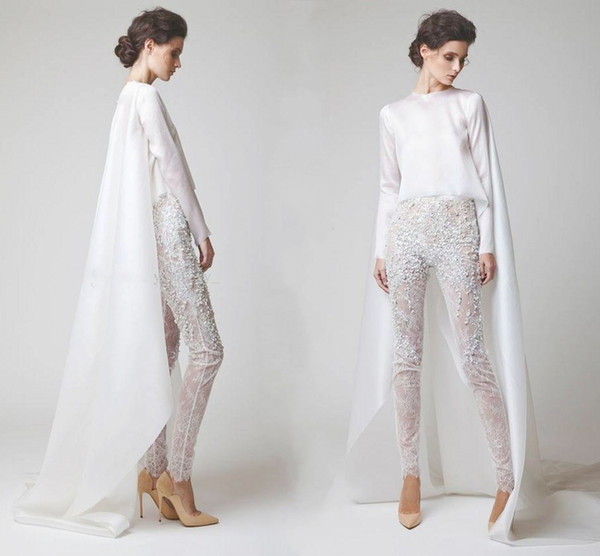 Sexy White Evening Dresses Two Pieces Chiffon Lace Pearl Trousers See Through Long Sleeves Elio Abou Fayssal Evening Gowns With Jacket