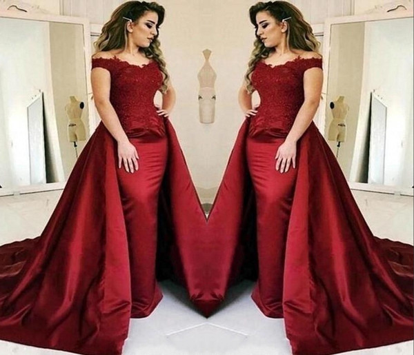 Dark Red Mermaid Evening Gowns With Long Train Lace Applique Floor Length Wear Prom Dresses Party Prom Vestido De Novia