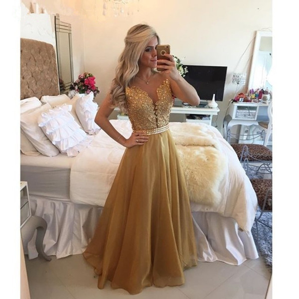 Pearls Vestidos De Festa Gold Prom Dresses See Through Back Appliqued Chiffon Evening Prom Gowns HY1488