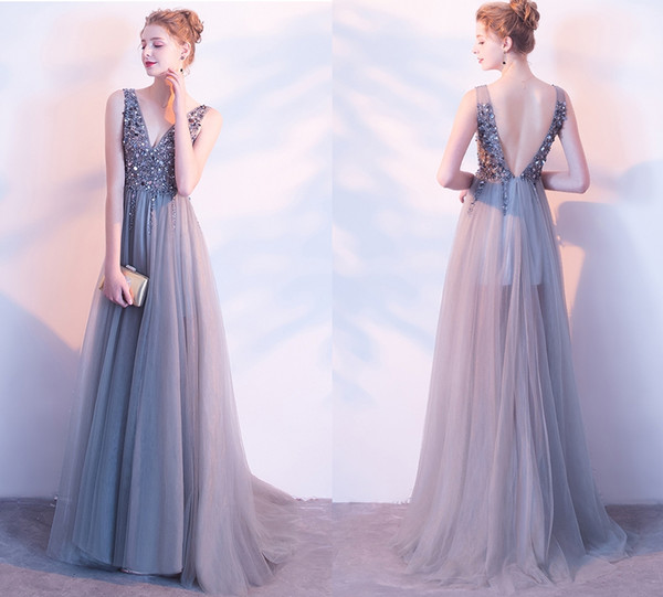 New Fashion Gray Evening Dresses Long Elegant Elegant Tulle V-Neck Halter Party Ballroom Party Dresses HY061