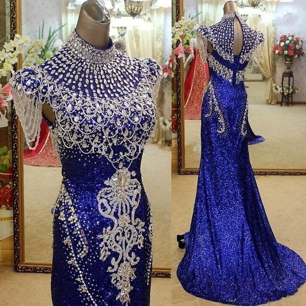 Royal Blue High Neck Mermaid Evening Dresses Party Elegant For Women Crystal Sequined Real Photos Red Carpet Celebrity Formal Gowns