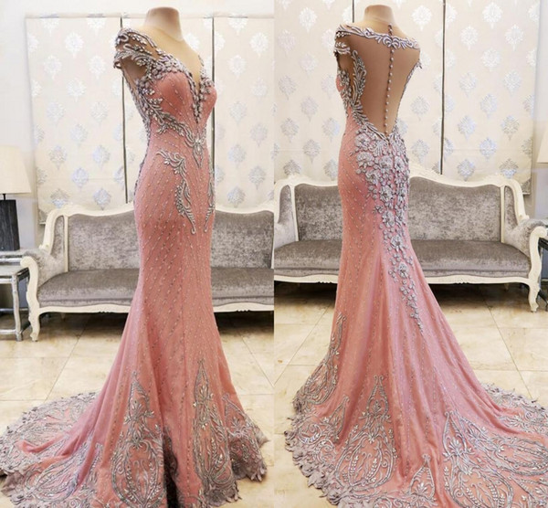 Luxury Lace Crystals Beaded Pink Prom Dresses Sheer Neck Mermaid Back Covered Buttons Sweep Train Saudi Arabia Evening Party Dresses HY1806