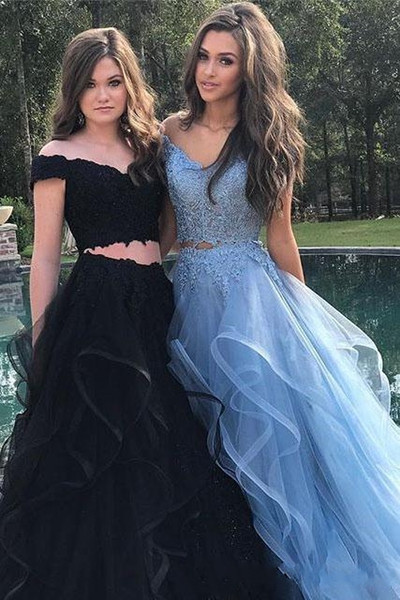 Two Piece Prom Dresses Off- Shoulder Top Lace Floor Length Evening Gowns Tiered Vintage Arabic Real Holiday Party Dress