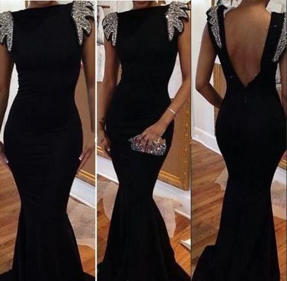 Custom Made Fancy Lady Formal Dress Black Spandex Mermaid Party Gown Bateau Sweep Train Sequin Beaded Backless Prom/Evening Dresses Corset