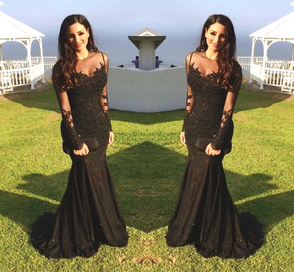 Evening Dresses Sexy Arabic Jewel Neck Illusion Lace Appliques Crystal Beaded Black Mermaid Long Sleeves Formal Party Prom Dresses DH4041