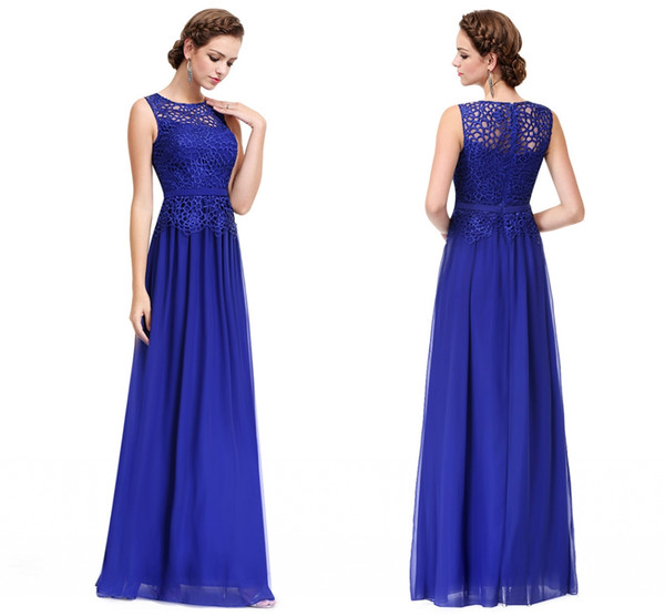 High Quality New Elegant Lace Sleeveless Long Size Formal Evening Dresses Dresses Royal Blue White Chiffon Evening Prom Dresses HY145