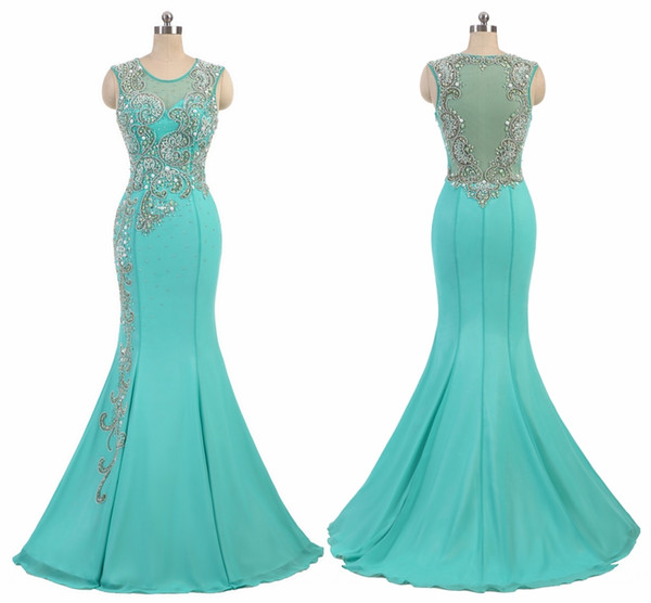 Elegante Groene Avondjurken Steentjes Kristallen Sheer Mermaid Lange Party Evening Dresses Gowns Sweep Trein Vestido Longo HY1828