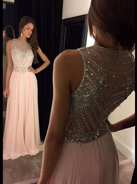 Pink Prom Dresses Long Prom Dress A Line Jewel Sweep Train Sequins Beaded Sheer Neck Evening Gowns Party Dresses HY00694