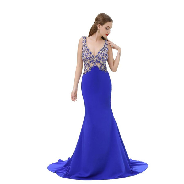 Sexy V Mermaid Evening dresses Blue Illusion Beaded Long Evening Gowns Backless Party Prom Dresses DH4252