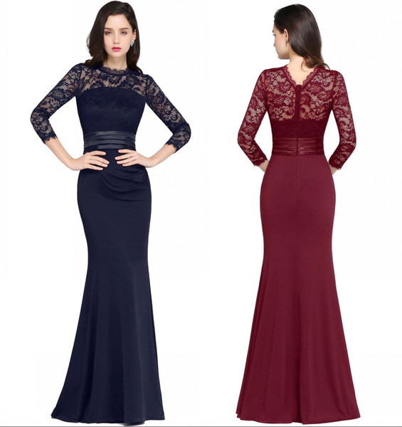 Red Wine Mermaid Long Evening Dresses Satin Lace O Neck Zipper-Up Floor Length Vestidos Noche Prom Gowns DH4077