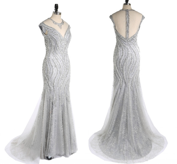 High-End Custom Pure Hand-Beaded Fashion Ball Evening Gown New Sexy Fishtail Package Hip Silver Gray Lace Ball Gown Beauty Party Dress HY068