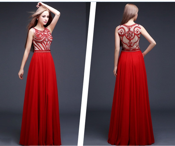 New High-Quality Red Formal Evening Dresses Round Neck Zipper Handmade Beaded A Long Paragraph Ball Dresses HY134