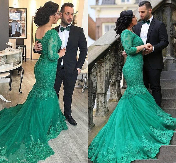 Vintage Green V Neck Mermaid Evening Dresses CheapThree Quarter Sleeves Sequined Sweep Train Appliques Plus Size Formal Prom Gowns