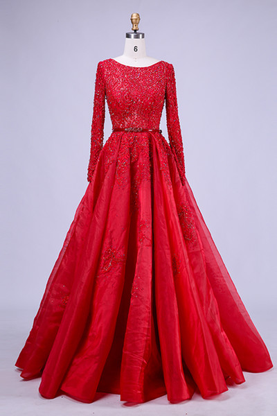 High-Quality New Kind Shooting In Red Long Formal Party Evening Dresses Long-Sleeved Lace Bead Ball Prom Dresses HY041