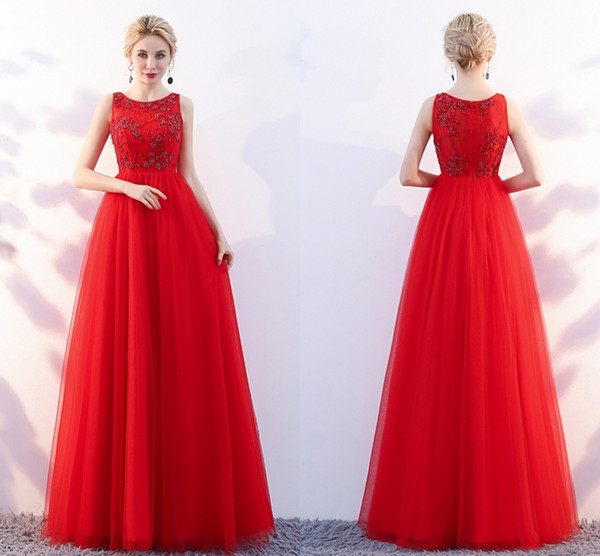 New Red Elegant Formal Evening Dresses Dignified Atmosphere Round lace Bud Beads A Party Qi Prom Eance Dresses HY101