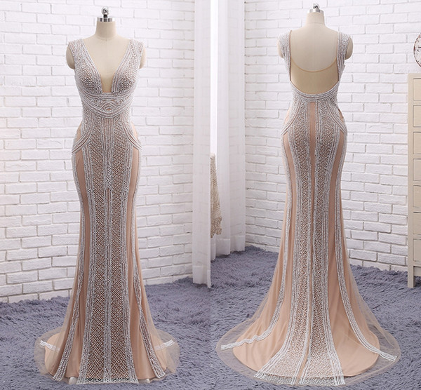 The High-end Custom Elegant Atmosphere Free Shipping Heavy Evening Dress Lace Fishtail Handmade Beaded Pearl V Halter Collar Prom Dresses