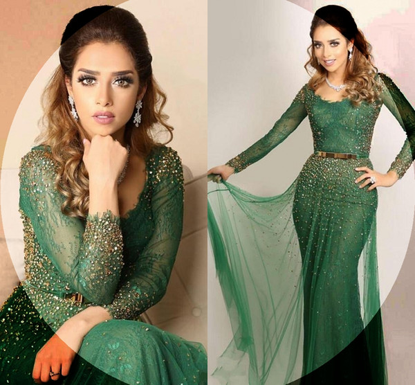 Saudi Arabic Green Evening Dresses Bateau Lace Crystal Beaded Sheer Long Sleeves Prom Gowns Mermaid Dresses Evening Gowns HY4124