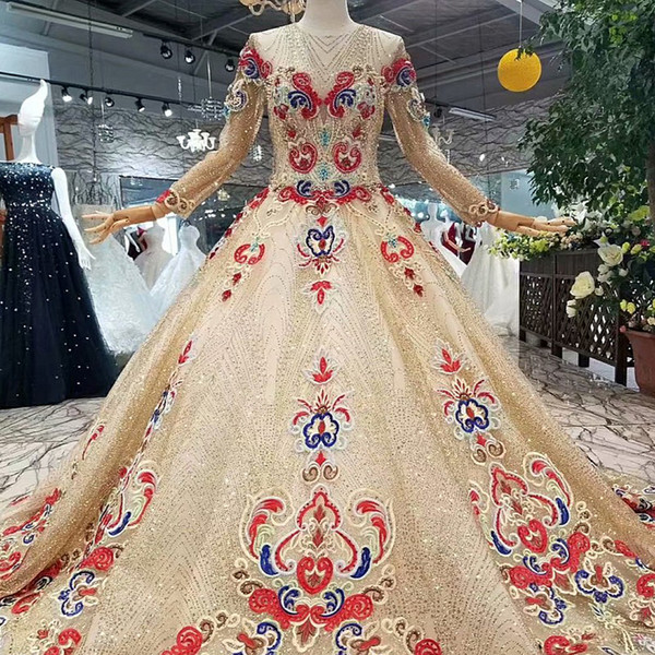 2022Shiny Dubai Evening Dresses With Glitter Long Sleeves O Neck Beads Color Flowers Women Occasion Dresses China Wholesale