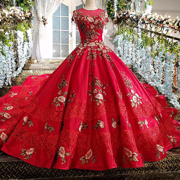 2022Red Evening Gowns Lace Up Back Lace Appliques Ball Gown Short Sleeves Muslim Organza Evening Dresses Real Photos Girl Pageant Dresses