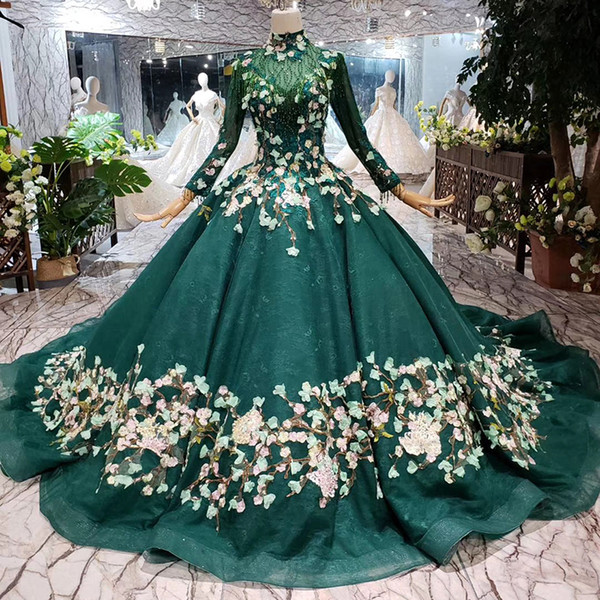 2022Latest Muslim Evening Dresses Illusion Beaded High Neck Long Tulle Sleeve Lace Up Back Hand Made 3D Applique Pattern Tassel Prom Gowns